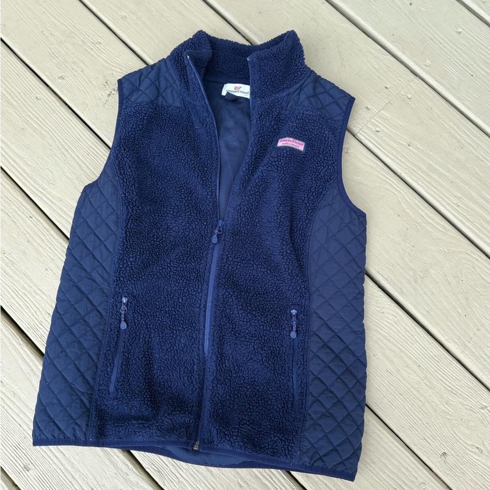 VINEYARD VINES Navy Blue Zippered Quilted Sherpa Vest, Size: S
